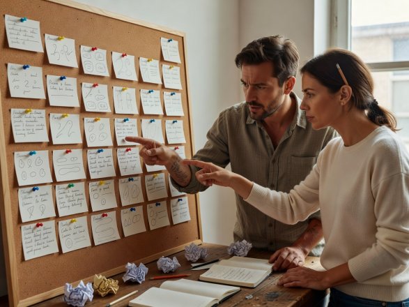 Two story designers in natural window light pointing at handwritten decision cards on a corkboard