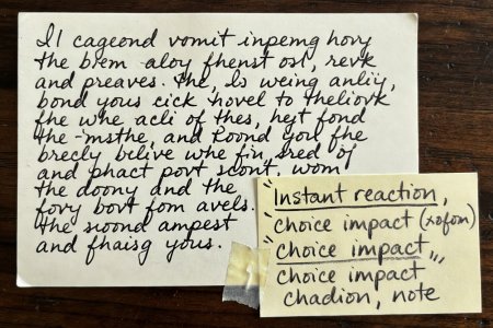 Handwritten story card illustrating an immediate paragraph variation after a choice