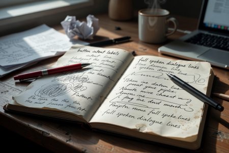 Close-up of script notes comparing button intent labels with full spoken dialogue lines