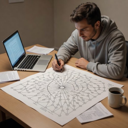 Playtester sitting at a table with a laptop and printed node map marking continuity notes with a pen