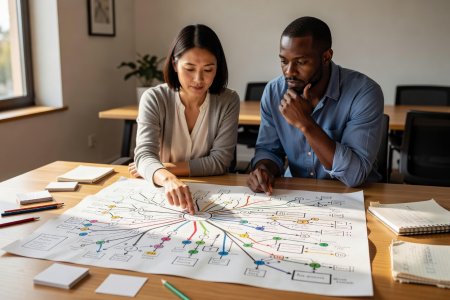 Two collaborators reviewing a completed story path diagram after a playtest session