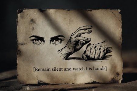 Story card showing '[Remain silent and watch his hands]' as a third dialogue option