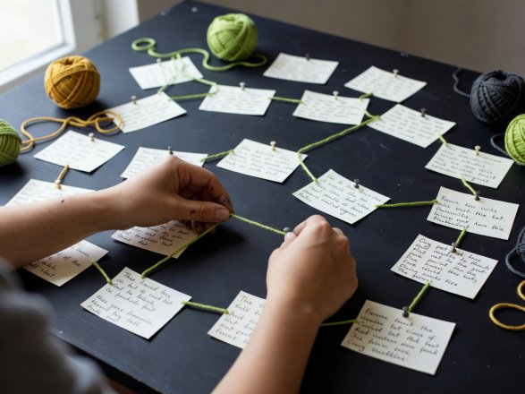 Natural-light photograph of hands pinning lime thread between handwritten chapter cards on a dark board